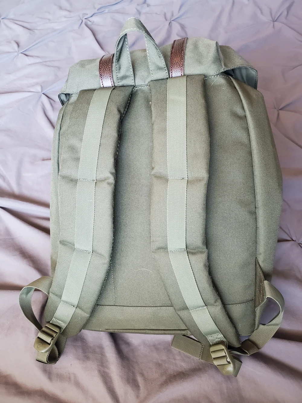 Herschel Supply Company Green Canvas Backpack with Brown Leather Straps